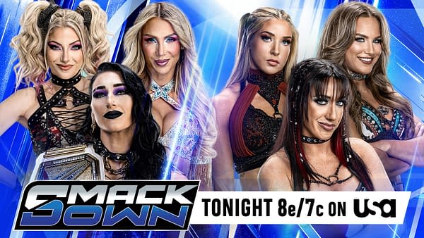Promotional graphic for WWE SmackDown featuring six women wrestlers posed against a blue backdrop, with the SmackDown logo and a "Tonight 8e/7c on USA" banner. The image appears to promote a six-woman tag match.
