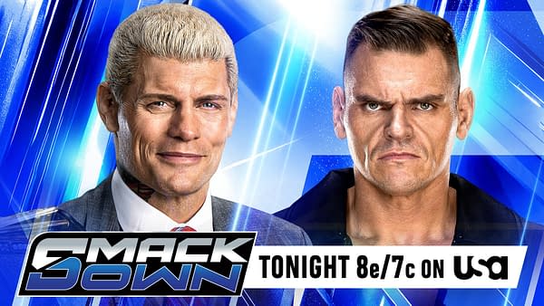 WWE SmackDown promotional graphic featuring Cody Rhodes and Gunther facing off over a blue background, with the SmackDown logo and "Tonight 8e/7c on USA."