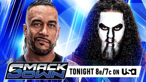 WWE SmackDown promotional graphic showing Damian Priest facing a face-painted wrestler against a blue electric background.