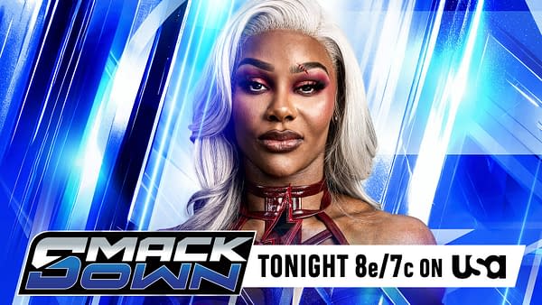 Carmelo? No, a WWE SmackDown promo graphic for Jade Cargill shows her in a close-up against a blue lightning-like background, with the SmackDown logo and a