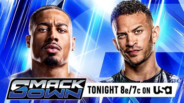 WWE SmackDown promotional graphic featuring two wrestlers facing forward against a blue, glowing background, with the SmackDown logo and a