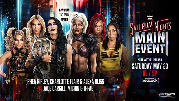 WWE Saturday Night's Main Event promotional graphic for a 6-woman tag team match, featuring six wrestlers posed in front of a neon city backdrop. The poster highlights Rhea Ripley, Charlotte Flair, and Alexa Bliss versus Jade Cargill, Michin, and B-Fab.