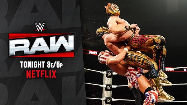 WWE Raw promotional graphic showing a trios tornado tag match in the ring, with two masked wrestlers stacked in a dramatic hold on a third. The Raw logo and