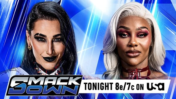 Rhea Ripley and Jade Cargill face off in a WWE SmackDown promotional graphic with a blue, metallic background. The SmackDown logo and