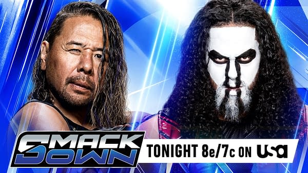 WWE SmackDown promotional graphic featuring Shinsuke Nakamura on the left and Talla Tonga on the right, set against a blue background with the SmackDown logo and tonight's broadcast time.
