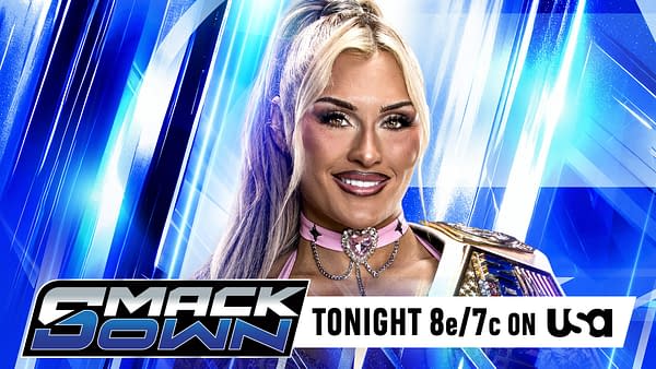 WWE SmackDown promotional graphic featuring Tiffany Stratton holding a championship belt against a blue abstract background, with a