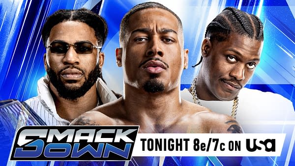 WWE SmackDown promotional graphic featuring Trick Williams, Carmelo Hayes, and another wrestler against a blue streaked background.