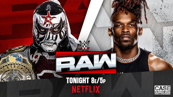WWE Raw promotional graphic showing Penta in a masked championship look on the left and Je'Von Evans on the right, with the Raw logo and tonight's event details. The image promotes a featured match for tonight's show.