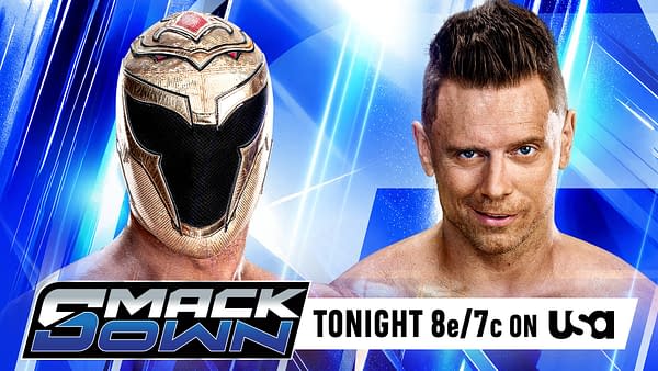 WWE SmackDown promotional graphic featuring masked wrestler Axiom facing The Miz against a blue, electric background, with a