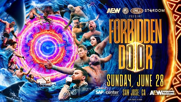Promotional poster for AEW Forbidden Door 2026 featuring wrestlers from AEW, NJPW, Stardom, and CMLL swirling around a glowing clock design. The event is set for Sunday, June 28 in San Jose, California.