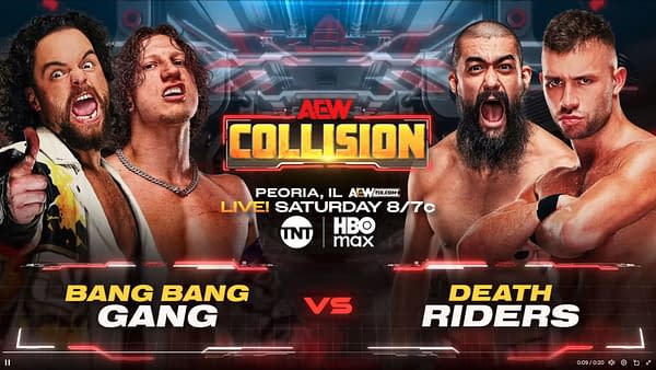 AEW Collision promotional graphic showing Bang Bang Gang versus Death Riders in a tense faceoff, with four wrestlers posed around the AEW Collision logo.