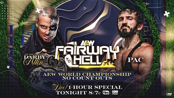 AEW promotional graphic for Fairway to Hell featuring Darby Allin on the left and PAC on the right, with a No Count Outs AEW World Championship match announced for tonight. The design uses dark gold and green accents with wrestling event branding.