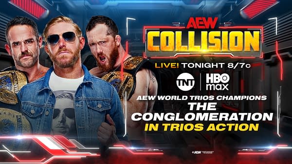 AEW Collision promotional graphic featuring The Conglomeration, with three wrestlers and their championship belts on a dark neon background.
