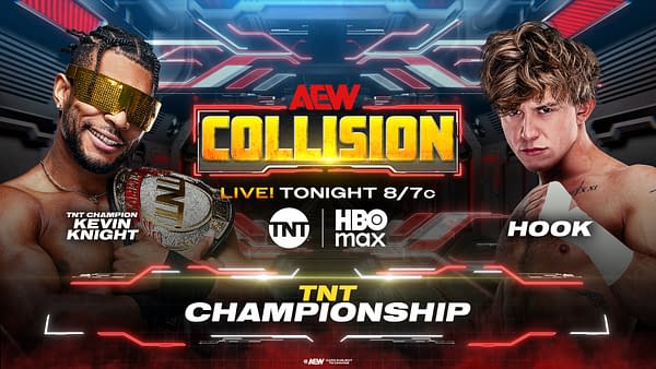 AEW Collision promotional graphic featuring TNT Champion Kevin Knight on the left and HOOK on the right, with the TNT Championship on the line. The event is advertised as live tonight on TNT and HBO Max.