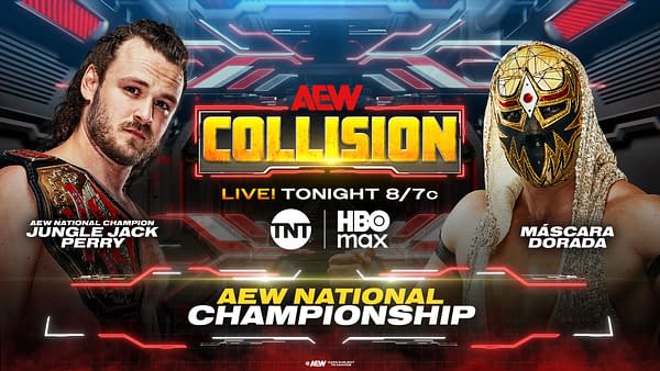 AEW Collision promotional graphic for the AEW National Championship, featuring Jungle Jack Perry on the left and masked wrestler Máscara Dorada on the right.