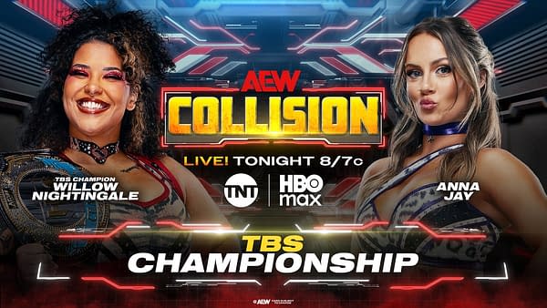 AEW Collision promotional graphic featuring TBS Champion Willow Nightingale on the left and Anna Jay on the right, with the TBS Championship highlighted in the center.