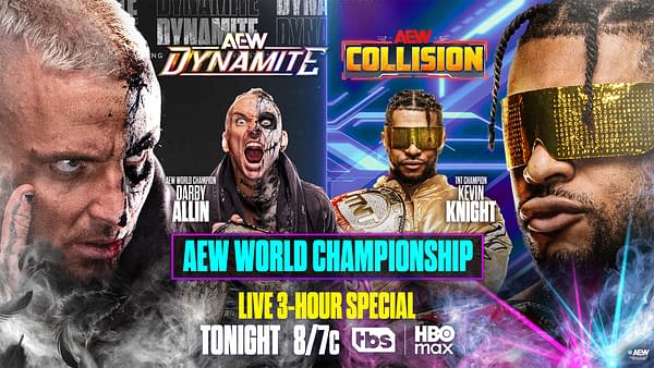 AEW promotional poster for a live 3-hour special featuring Darby Allin and Kevin Knight in an AEW World Championship matchup, with bold split-screen portraits and show logos for Dynamite and Collision.