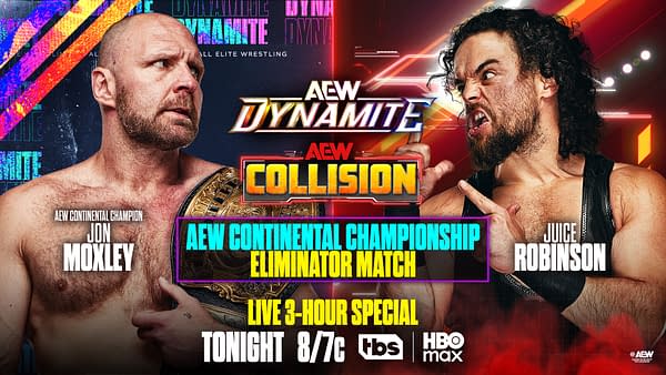 Promotional AEW graphic showing Jon Moxley and Juice Robinson face to face for an AEW Continental Championship Eliminator Match.
