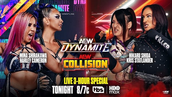 AEW Dynamite and Collision promotional graphic showing Mina Shirakawa, Harley Cameron, Hikaru Shida, and Kris Statlander facing off for a live three-hour special tonight.