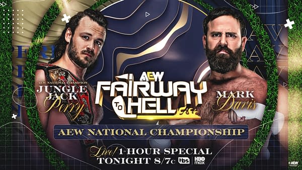 AEW Collision promotional graphic for the Fairway to Hell match, featuring AEW National Champion Jack Perry on the left and Mark Davis on the right, with a championship title and bold event lettering in the center.