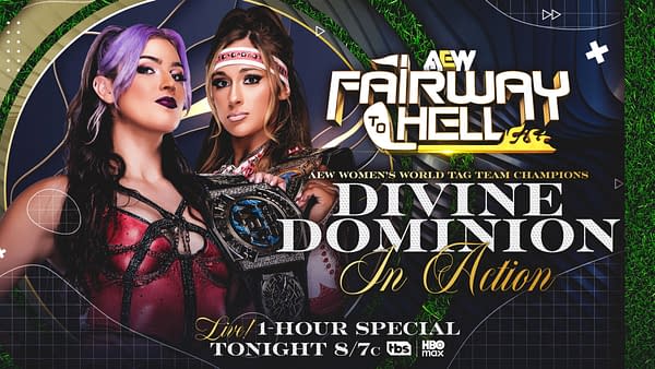 AEW promotional graphic for Fairway to Hell featuring two women's tag team champions holding championship belts against a dark, stylized background. The event is billed as a live one-hour special tonight on TBS and HBO Max.