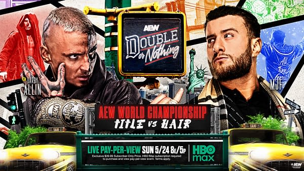 AEW Double or Nothing promotional poster for a title-versus-hair match, featuring Darby Allin and MJF facing off over the AEW World Championship. The design includes a Stadium Stampede theme and a live pay-per-view date on HBO Max.