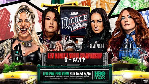 Promotional AEW Double or Nothing poster featuring Thekla, Hikaru Shida, Kris Statlander, and Jamie Hayter around a sign for the AEW Women's World Championship 4-way match. The design includes city graphics, yellow taxis, and a live pay-per-view HBO Max banner.