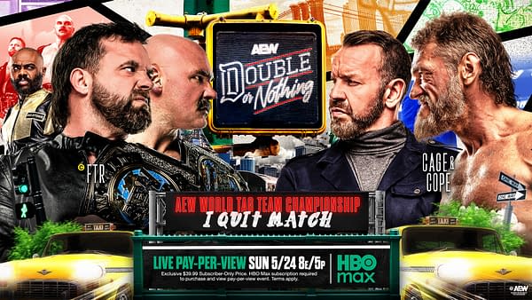 AEW Double or Nothing promotional poster showing wrestlers facing off around a "Double or Nothing" sign, with an AEW World Tag Team Championship I Quit Match banner and Stadium Stampede-style city backdrop. The image highlights hair vs. gold and several featured wrestlers.