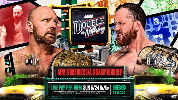 AEW promotional poster for Double or Nothing featuring Jon Moxley and Kyle O'Reilly facing off with championship belts, centered around the Continental Championship and Stadium Stampede-inspired city graphics.