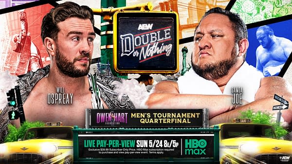 Promotional AEW Double or Nothing poster featuring Will Ospreay and Samoa Joe facing off with the men's tournament quarterfinal and live pay-per-view details. The design includes the Double or Nothing logo and a colorful urban collage background.