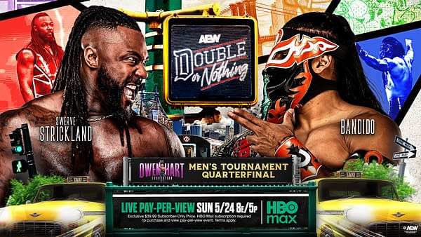 AEW Double or Nothing promotional poster featuring Swerve Strickland and Bandido facing off for a men's tournament quarterfinal. The graphic includes the event logo, HBO Max branding, and a live pay-per-view date and time.