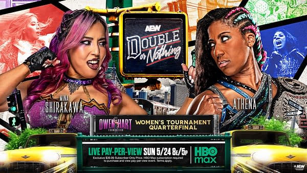 AEW Double or Nothing promotional poster featuring Mina Shirakawa and Athena facing off, with the Women's Tournament Quarterfinal and live pay-per-view details highlighted. The design includes bold city-street graphics and the event logo centered between the two wrestlers.
