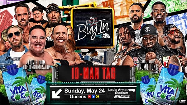 Promotional AEW Double or Nothing graphic showing multiple wrestlers around a central