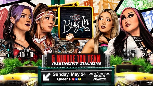 AEW Double or Nothing promotional graphic featuring four wrestlers around a sign for a 5-minute tag team championship eliminator and a Buy In match. The poster includes Sunday, May 24 at Louis Armstrong Stadium in Queens, NYC.