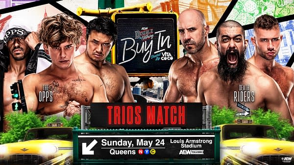 AEW Double or Nothing promotional graphic for a trios match, featuring The Opps and Death Riders facing off with a Buy In sign and stadium-themed background. The poster also mentions Sunday, May 24, at Louis Armstrong Stadium in Queens.