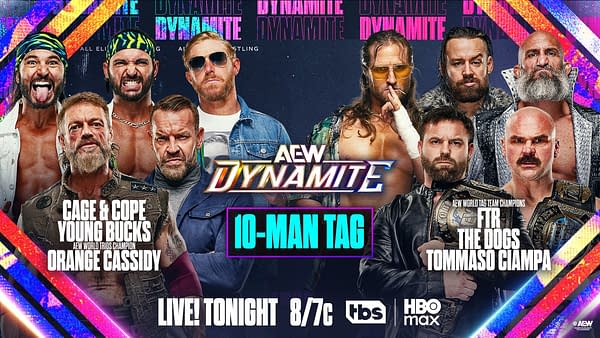 AEW Dynamite promotional graphic for a 10-man tag team match, featuring Cage, Cope, the Young Bucks, Orange Cassidy, FTR, The Death Riders, and Tommaso Ciampa. The live broadcast time and TBS and HBO Max logos appear along the bottom.