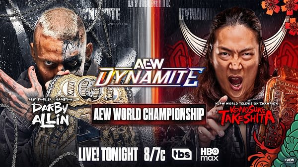 AEW Dynamite promo graphic showing AEW World Champion Darby Allin on the left and NJPW World Television Champion Konosuke Takeshita on the right, with the AEW World Championship highlighted in the center.
