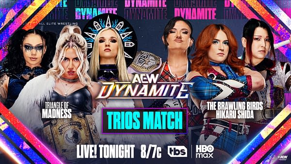 AEW Dynamite promotional graphic for a trios match, showing six women wrestlers posed on a neon background with