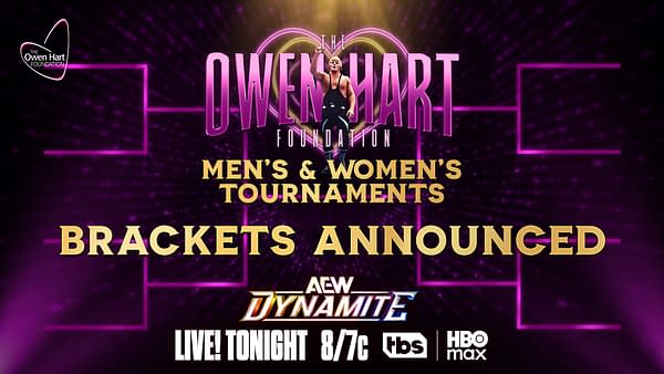 AEW Dynamite promotional graphic for The Owen Hart Foundation with a wrestler centered over neon pink tournament brackets and the words