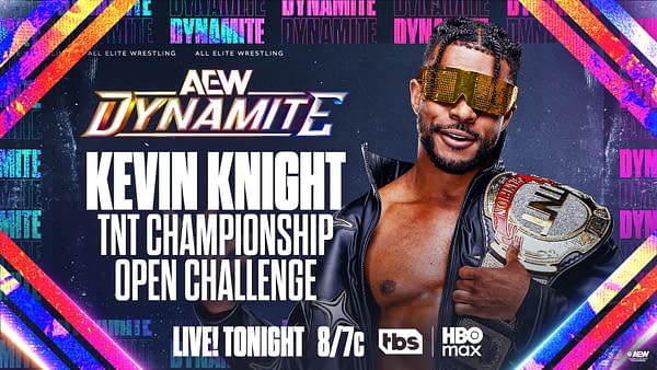 AEW Dynamite promotional graphic featuring Kevin Knight wearing gold visor sunglasses and holding the TNT Championship belt for an open challenge. The poster announces the match is live tonight.