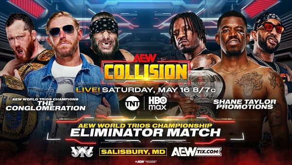 AEW Collision promotional graphic showing The Conglomeration and Shane Taylor Promotions facing off in an AEW World Trios Championship eliminator match. Event details and logos appear over a neon sci-fi background.