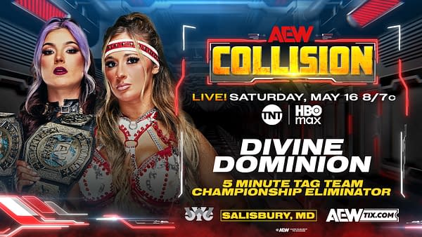 AEW Collision promotional poster showing two women wrestlers holding championship belts beside the Collision logo and event details. Text highlights a live Saturday show, Divine Dominion, and a 5-minute tag team championship eliminator in Salisbury, Maryland.