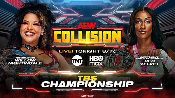 AEW Collision promotional graphic featuring Willow Nightingale and Red Velvet facing off for the TBS Championship. Both women pose with their title belts against a neon red and black background.