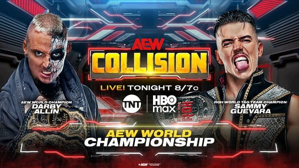 AEW Collision promotional graphic featuring Darby Allin and Sammy Guevara facing off with the AEW World Championship. The poster advertises a live title match tonight on TNT and HBO Max.