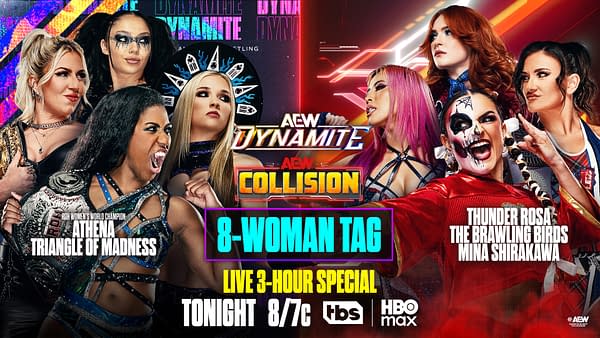 Promotional graphic for AEW Dynamite and Collision featuring eight women wrestlers arranged around the show logos and an advertised 8-woman tag match. The poster highlights a live three-hour special tonight on TBS and HBO Max.