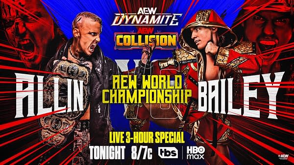 AEW Dynamite and Collision promotional graphic for a World Championship match featuring Allin and Bailey, with two wrestlers facing off amid red and blue streaks.