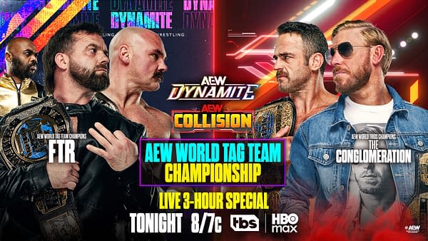AEW Dynamite and Collision promotional graphic showing FTR facing The Conglomeration in an AEW World Tag Team Championship match, with championship belts prominently displayed.