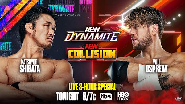 AEW Dynamite and Collision promotional poster featuring Katsuyori Shibata facing Will Ospreay with the event logos centered between them.