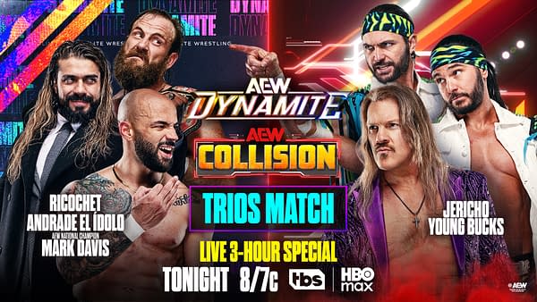AEW Dynamite and Collision promotional graphic for a trios match, featuring Ricochet, Andrade El Idolo, Mark Davis, Chris Jericho, and the Young Bucks. The poster advertises a live three-hour special tonight at 8/7c on TBS and HBO Max.