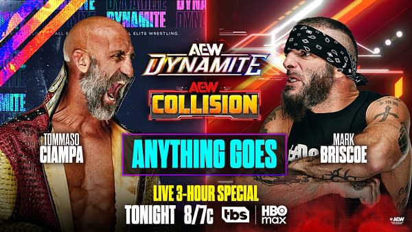 AEW promotional graphic for Dynamite and Collision showing Tommaso Ciampa and Mark Briscoe facing off over an
